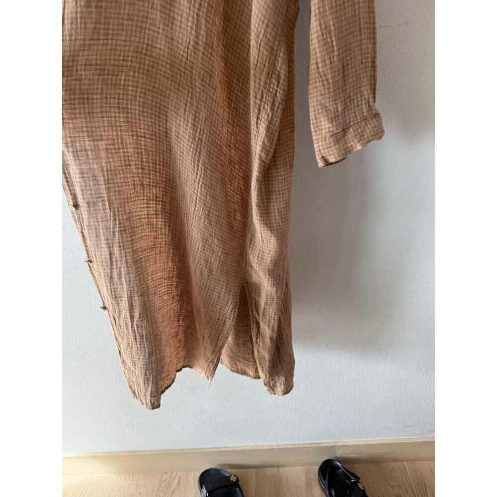 Eileen Fisher Women’s Dress Button Up Brown Orange Plaid Long Sleeve Midi Slits - Picture 5 of 6